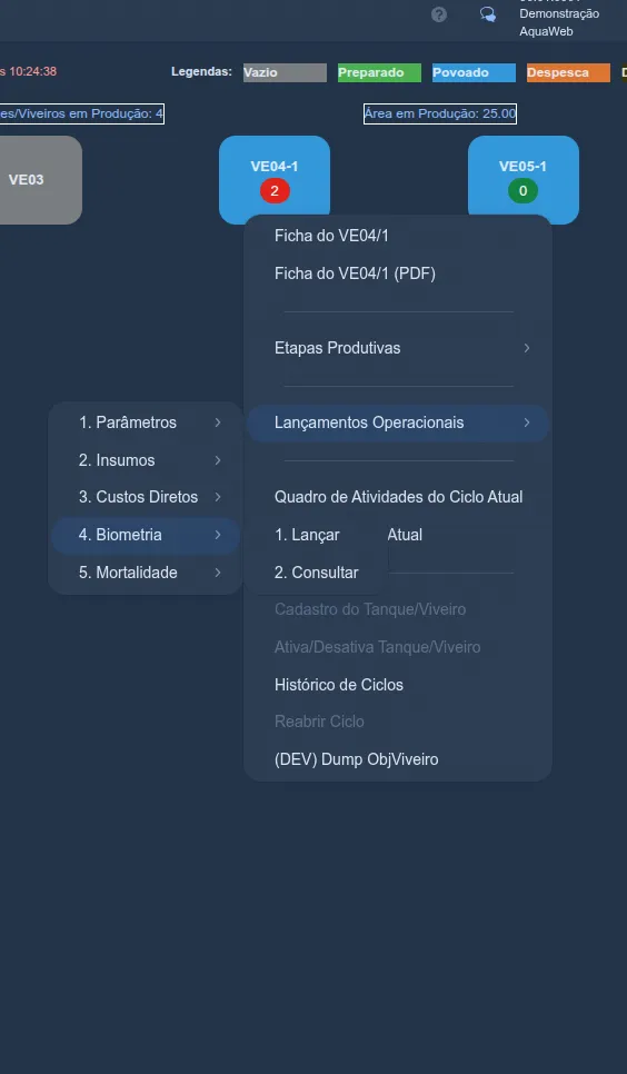 Menu rápido do viveiro VE04-1: Lançamentos Operacionais → "4. Biometria" aberto, mostrando o submenu "1. Lançar" e "2. Consultar"