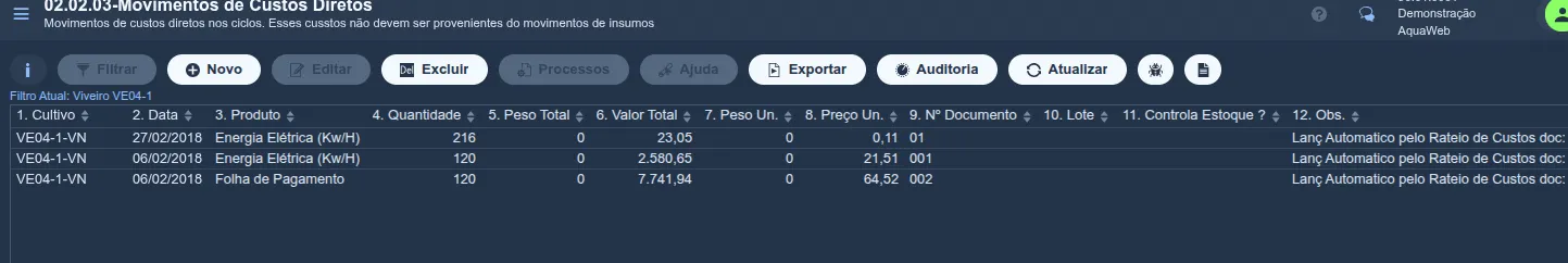 Consulta "02.02.03-Movimentos de Custos Diretos" do viveiro VE04-1: linhas de Energia Elétrica e Folha de Pagamento com quantidade, valor total e a observação "Lanç Automatico pelo Rateio de Custos"; subtítulo "Esses custos não devem ser provenientes do movimentos de insumos"