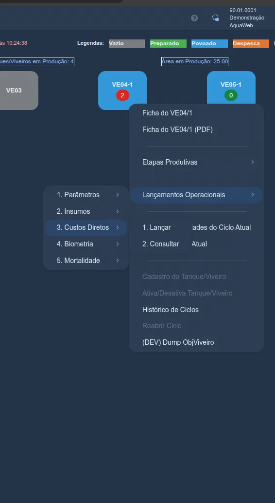 Menu rápido do viveiro VE04-1: Lançamentos Operacionais → "3. Custos Diretos" aberto, mostrando o submenu "1. Lançar" e "2. Consultar"