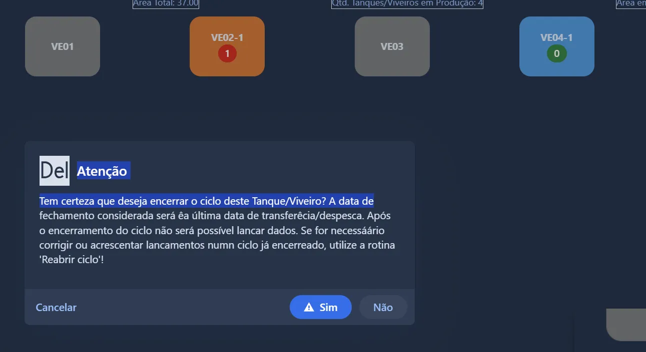 Caixa de diálogo "Atenção" ao encerrar o ciclo: alerta de que a data de fechamento será a última data de transferência/despesca e que, após encerrar, não será possível lançar dados — com os botões Cancelar, Sim e Não