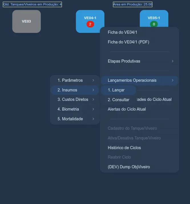 Menu rápido do viveiro VE04-1: Lançamentos Operacionais → "2. Insumos" aberto, mostrando o submenu "1. Lançar" e "2. Consultar"