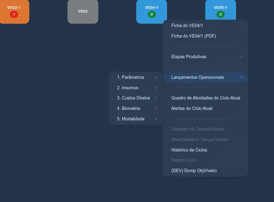 Menu rápido do viveiro VE04-1 no Mapa de Viveiros: "Lançamentos Operacionais" selecionado, com o submenu mostrando 1. Parâmetros, 2. Insumos, 3. Custos Diretos, 4. Biometria e 5. Mortalidade