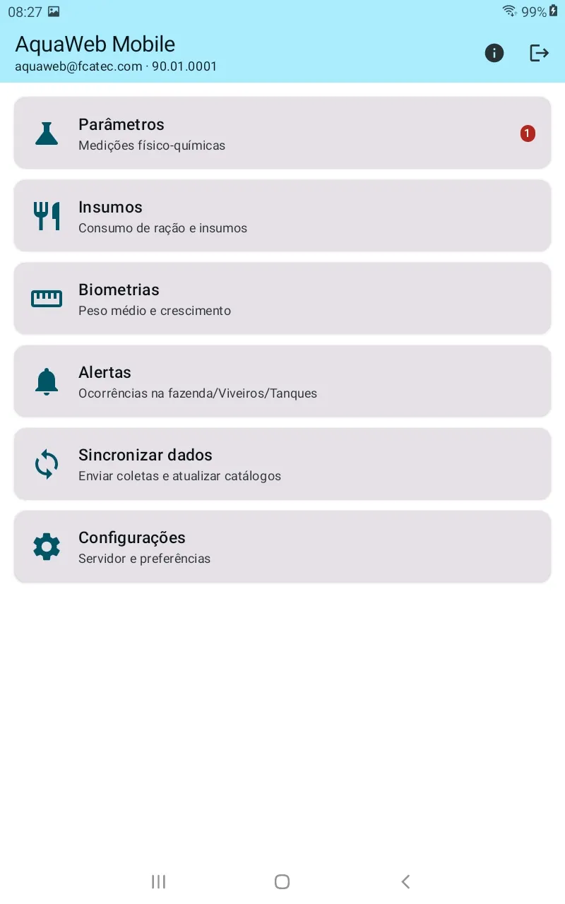 Tela inicial do AquaWeb Mobile mostrando os itens Parâmetros (Medições físico-químicas, com selo "1"), Insumos (Consumo de ração e insumos), Biometrias (Peso médio e crescimento), Alertas (Ocorrências na fazenda/Viveiros/Tanques), Sincronizar dados (Enviar coletas e atualizar catálogos) e Configurações (Servidor e preferências)