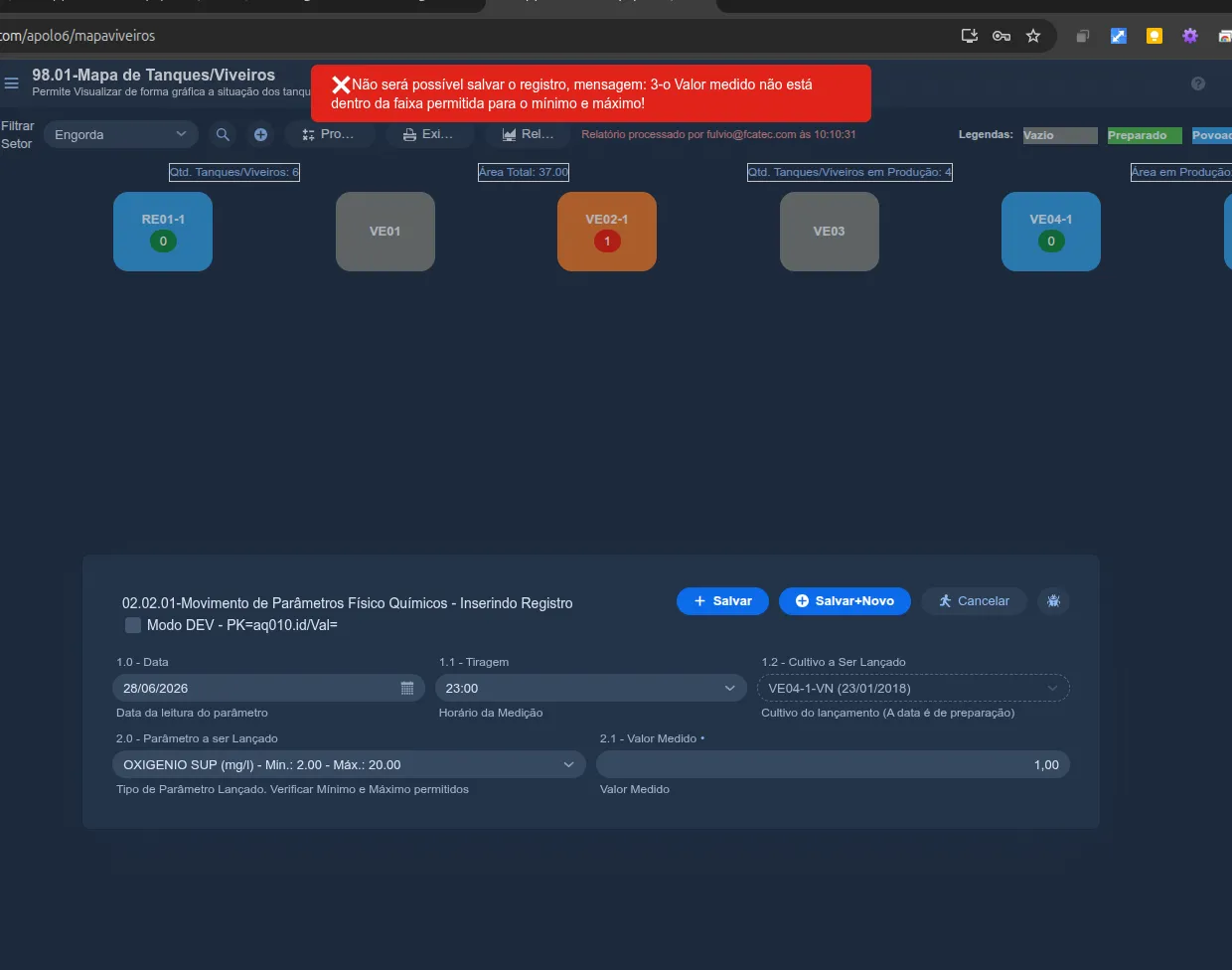 Formulário "Inserindo Registro" de Movimento de Parâmetros Físico Químicos com Oxigênio Sup. e valor medido 1,00; no topo, a mensagem em vermelho "Não será possível salvar o registro: o Valor medido não está dentro da faixa permitida para o mínimo e máximo!"