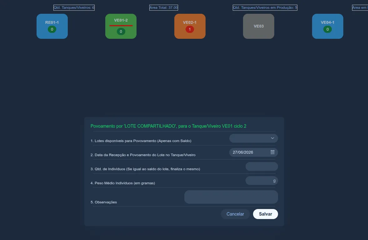 Formulário "Povoamento por LOTE COMPARTILHADO" para o viveiro VE01 ciclo 2: seleção do lote disponível com saldo, data de recepção, quantidade de indivíduos, peso médio e observações