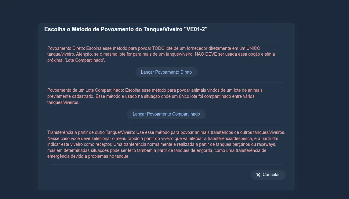 Tela "Escolha o Método de Povoamento do Tanque/Viveiro": três opções descritas — Povoamento Direto, Povoamento de um Lote Compartilhado e Transferência a partir de outro Tanque/Viveiro