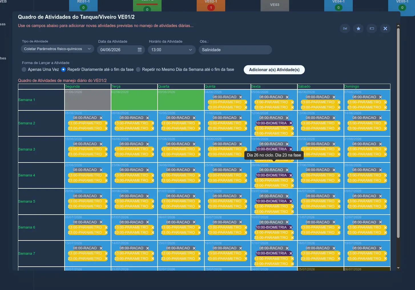 Tela do Quadro de Atividades do viveiro: no topo os campos para adicionar atividade (tipo, data, horário, observação) e a forma de lançar; abaixo a planilha por semanas com os chips coloridos de cada dia e a legenda de cores
