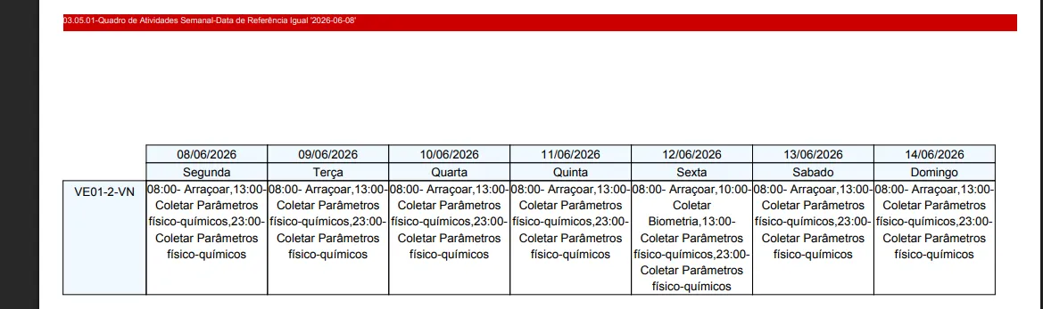 Relatório Quadro de Atividades Semanal em PDF: cabeçalho com a data de referência da semana e uma tabela de segunda a domingo, listando por dia os horários e as atividades (ex.: 08:00 Arraçoar, 13:00 Coletar Parâmetros físico-químicos, Biometria)