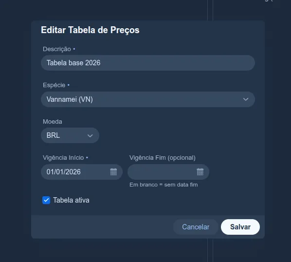 Edição do cabeçalho da tabela de preços: descrição, espécie, moeda, vigência início/fim e se a tabela está ativa