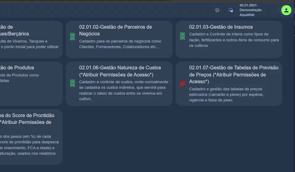 Menu Tabelas Gerais do Aquaweb com destaque para o módulo "02.01.03-Gestão de Insumos — Cadastro e Controle de itens como tipos de ração, fertilizantes e outros itens de consumo para os cultivos"