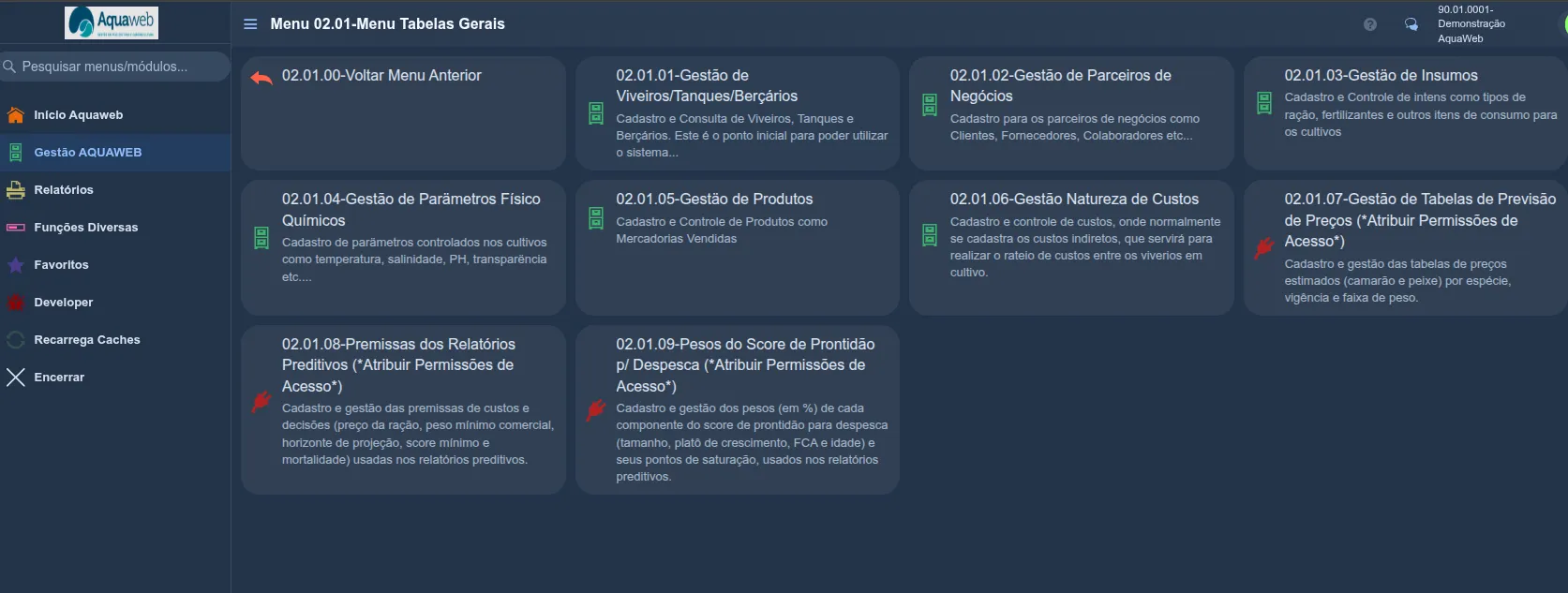 Menu 02.01 - Tabelas Gerais do Aquaweb, com os cartões dos módulos 02.01.01 a 02.01.09