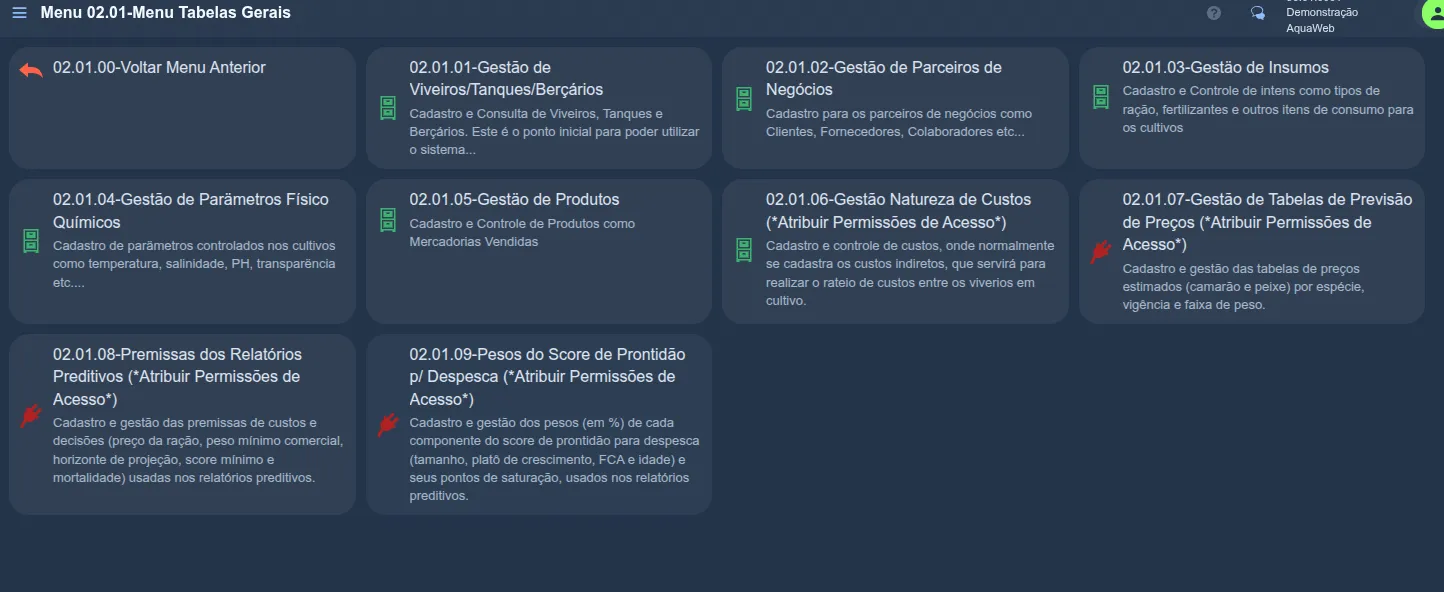 Menu Tabelas Gerais do Aquaweb com destaque para o módulo "02.01.06-Gestão Natureza de Custos — Cadastro e controle de custos, onde normalmente se cadastra os custos indiretos, que servirá para realizar o rateio de custos entre os viveiros em cultivo"