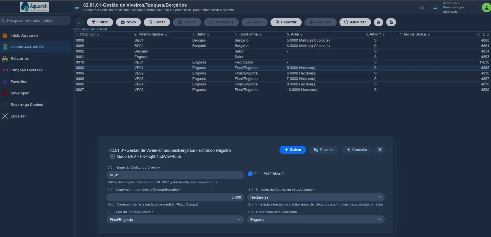 Tela 02.01.01 - Gestão de Viveiros/Tanques/Berçários: lista com CODIGO, Viveiro/Tanque, Setor, Tipo/Forma, Área, Ativo e Tag de Busca; abaixo, o formulário editando o viveiro “VE01”