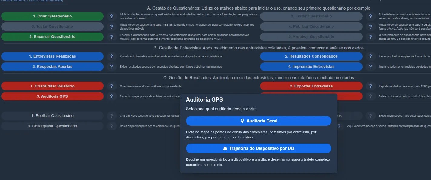 Combo “Auditoria GPS” do Siap com duas opções: “Auditoria Geral”, que plota no mapa os pontos de coleta das entrevistas com filtros por entrevista, dispositivo ou localidade, e “Trajetória do Dispositivo por Dia”, que desenha no mapa o trajeto completo percorrido em um dia escolhido