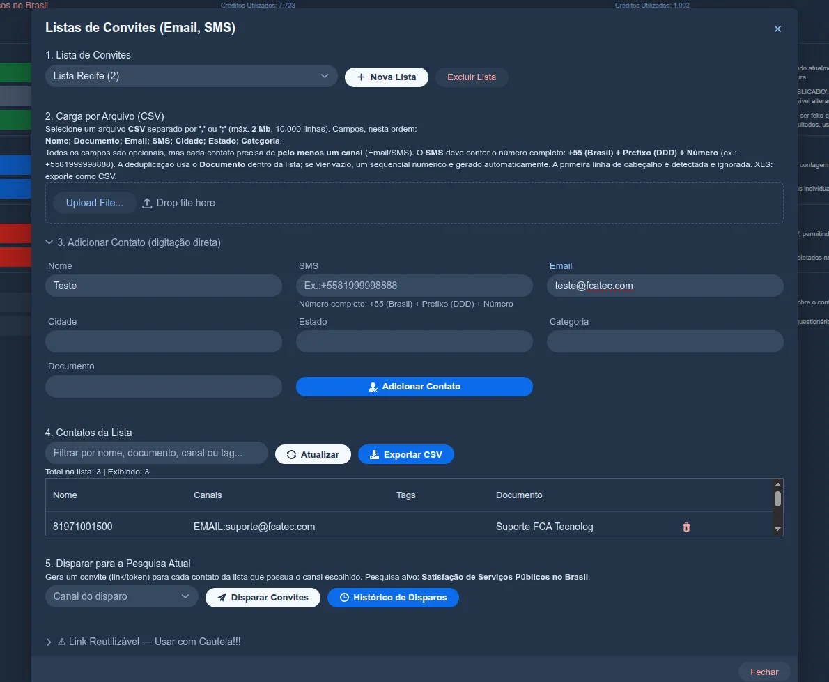 Painel “Listas de Convites” do Siap com o formulário “Adicionar Contato” aberto, campos Nome, SMS, Email, Cidade, Estado, Categoria e Documento
