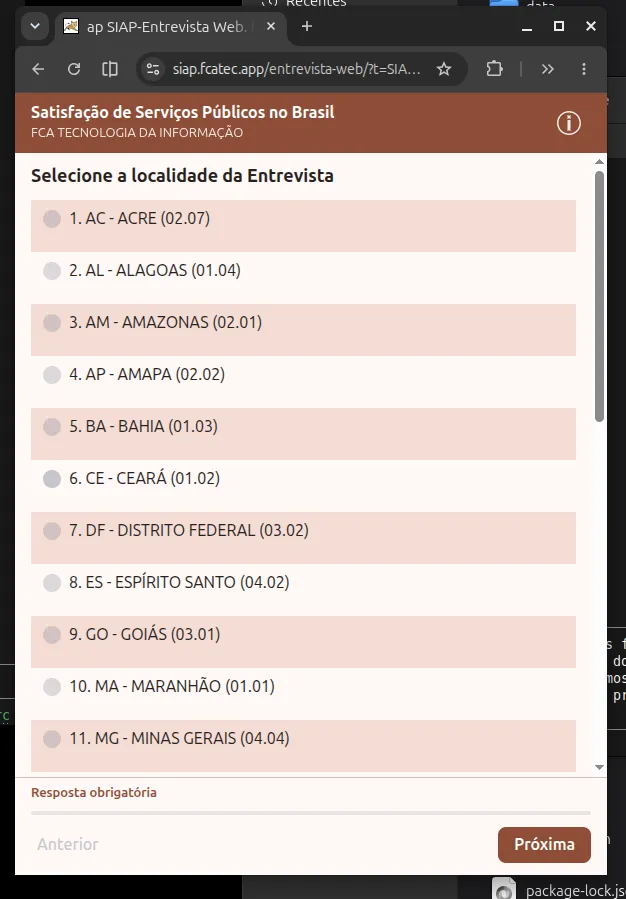 Tela “Entrevista Web” do Siap pedindo para selecionar a localidade da entrevista, com a lista de estados