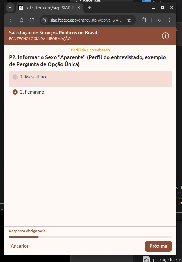 Tela “Entrevista Web” do Siap com a pergunta “Informar o Sexo Aparente” e as opções Masculino e Feminino