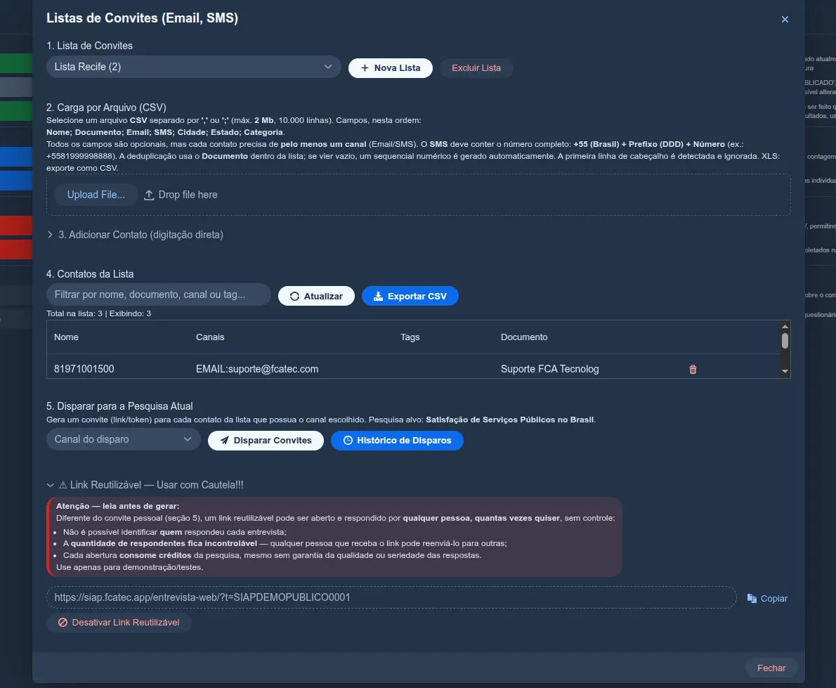 Painel “Listas de Convites” do Siap com a seção “Link Reutilizável — Usar com Cautela!!!” expandida, mostrando o aviso de risco e o link gerado