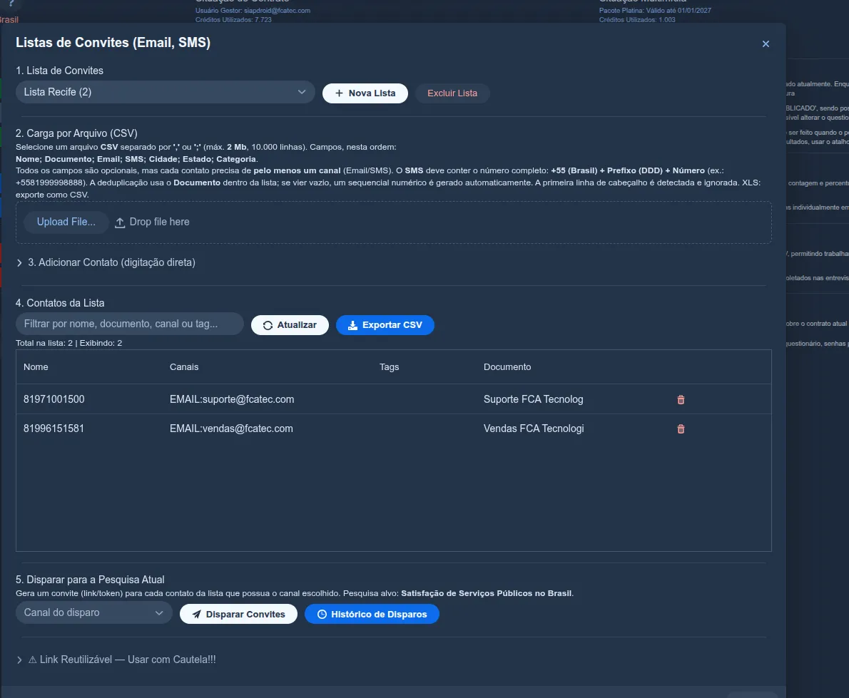 Painel “Listas de Convites” do Siap mostrando a tabela de contatos carregados, com o texto de instruções do formato CSV acima