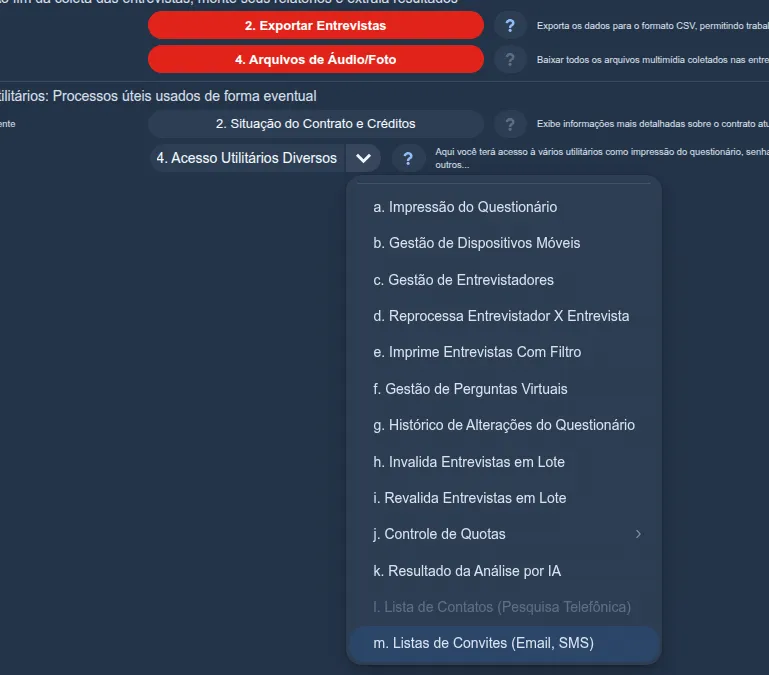 Menu “Acesso Utilitários Diversos” do painel Siap com a opção “m. Listas de Convites (Email, SMS)” selecionada