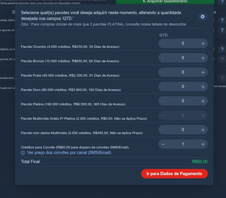 Tela de aquisição de pacotes do Siap com a lista de pacotes (Chumbo, Bronze, Prata, Ouro, Platina) e o item “Créditos para Convite”