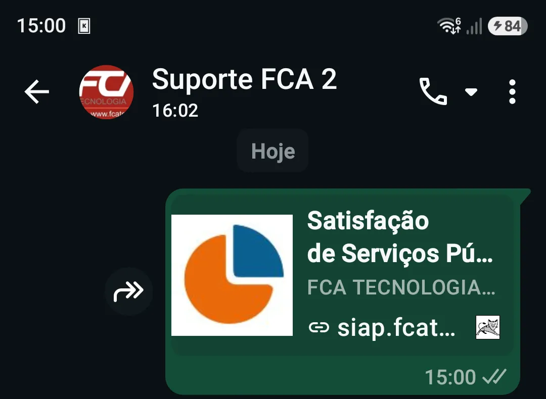 Prévia (link preview) de um convite do Siap compartilhado no WhatsApp: título “Satisfação de Serviços Pú…” (nome do questionário) e subtítulo “FCA TECNOLOGIA…” (nome da empresa cadastrada no Siap)