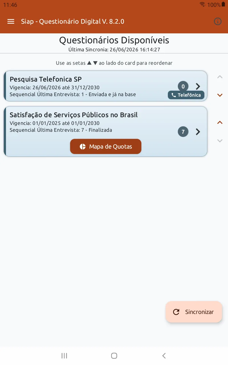 Tela "Questionários Disponíveis" do App Siap 8 com o botão laranja "Mapa de Quotas" no card do questionário "Satisfação de Serviços Públicos no Brasil"
