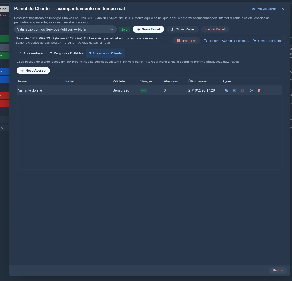 Aba “3. Acessos do Cliente” do Painel do Cliente no Siap, com o botão “Novo Acesso” e a tabela de acessos com as colunas Nome, E-mail, Validade, Situação, Aberturas, Último acesso e Ações