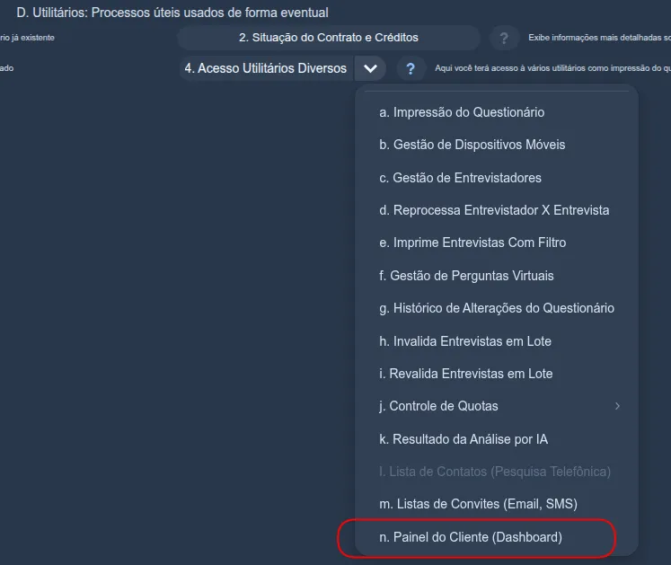 Menu “Acesso Utilitários Diversos” do painel de gestão do Siap com a opção “n. Painel do Cliente (Dashboard)” destacada no fim da lista