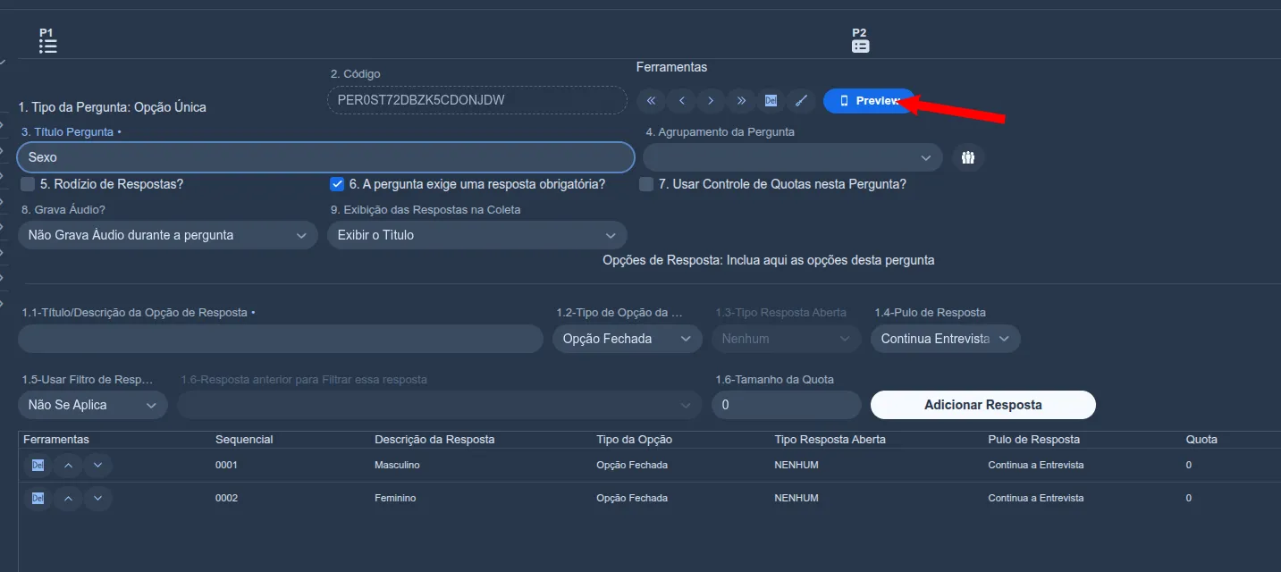 Barra de ferramentas de uma pergunta no editor do Siap, com o botão “Preview” em destaque por uma seta vermelha