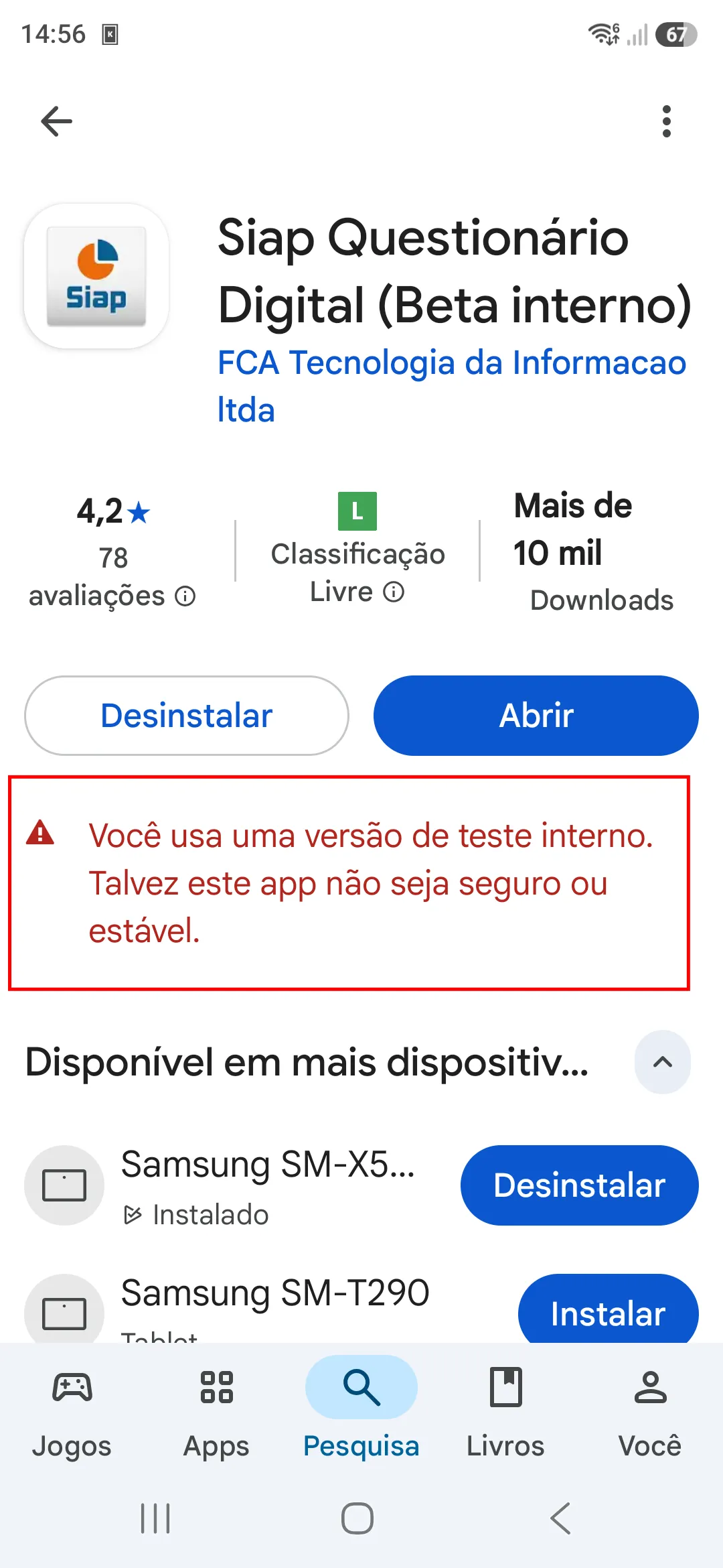 Tela do Siap no Google Play indicando participação no programa de teste interno (Beta Tester)