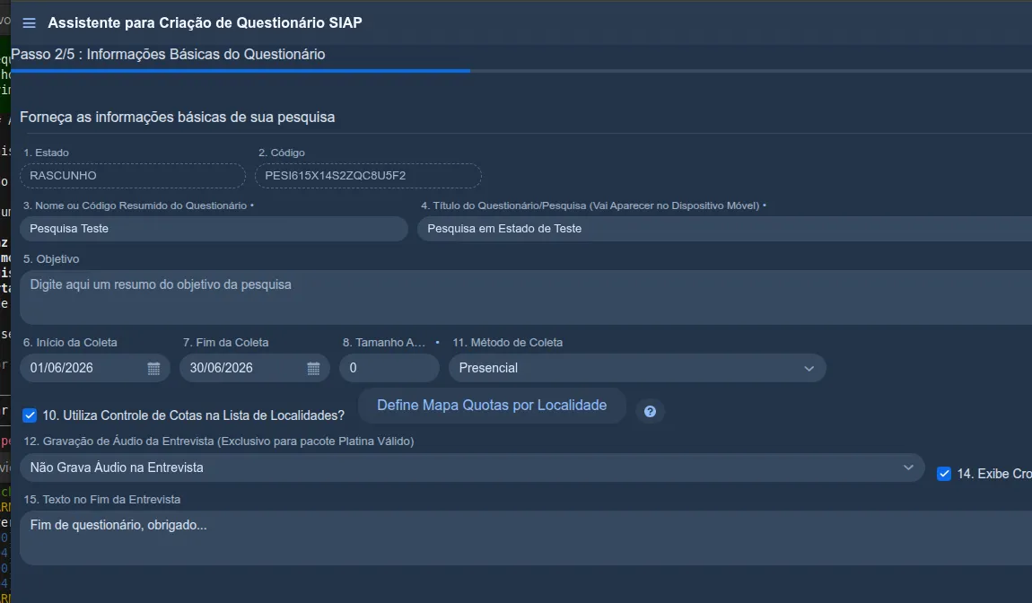 Passo 2/5 do Assistente de Criação de Questionário SIAP, com a caixa "10. Utiliza Controle de Cotas na Lista de Localidades?" marcada e o botão "Define Mapa Quotas por Localidade"