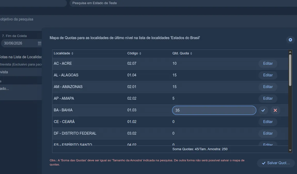 Janela "Mapa de Quotas para as localidades de último nível na lista de localidades 'Estados do Brasil'", com a grade Localidade / Código / Qtd. Quota, a Bahia sendo editada com 35, o rodapé "Soma Quotas: 45 / Tam. Amostra: 250" e o botão "Salvar Quotas"