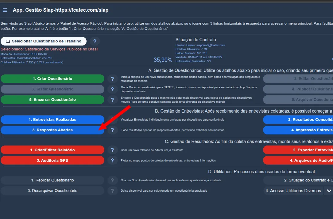 Painel de Acesso Rápido do Siap com destaque no atalho “B.3. Respostas Abertas”, dentro do bloco “B. Gestão de Entrevistas”