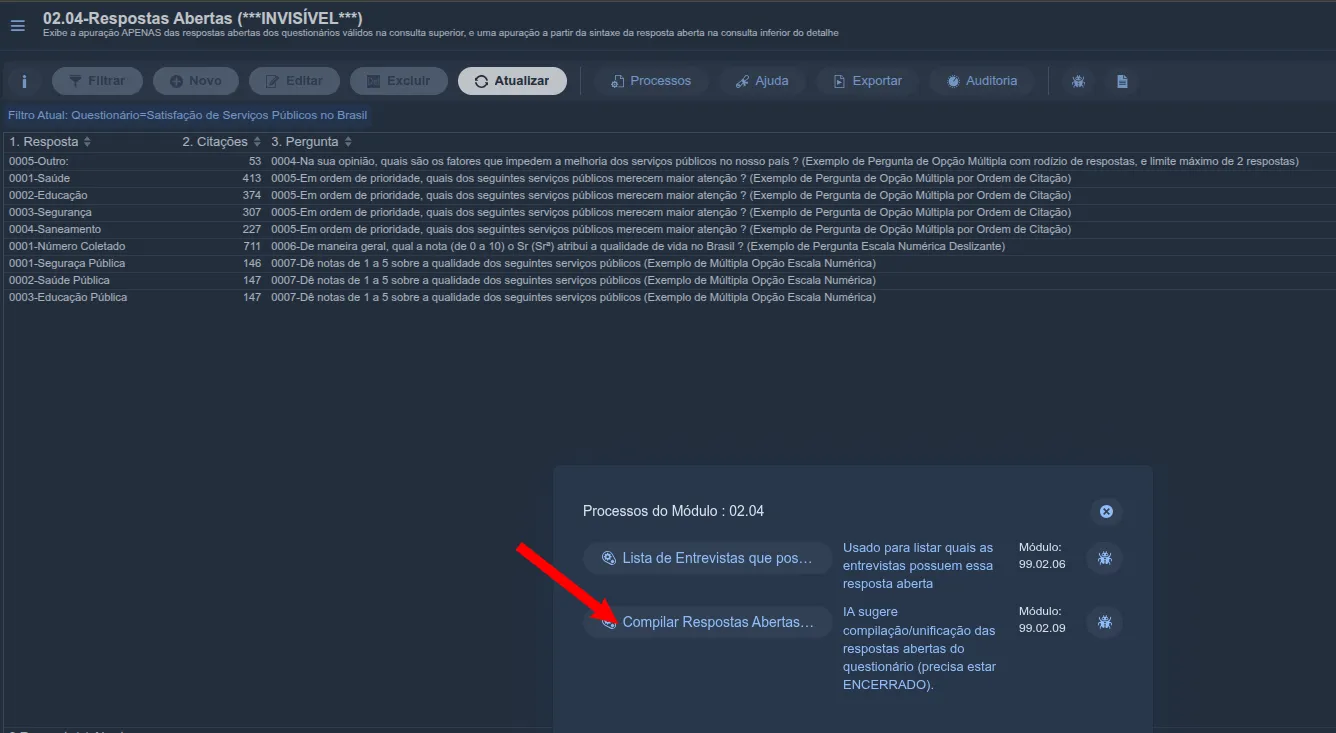 Menu “Processos do Módulo: 02.04” do Siap com destaque na opção “Compilar Respostas Abertas…”, que usa IA para sugerir a unificação