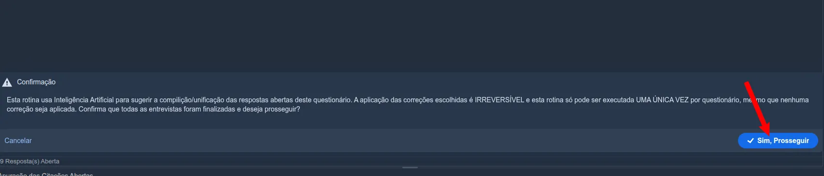 Diálogo de confirmação do Siap avisando que a rotina de IA aplica correções de forma irreversível e só roda uma vez por questionário, com destaque no botão “Sim, Prosseguir”