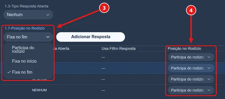 Detalhe do cadastro de respostas no Siap: (3) o campo “1.7-Posição no Rodízio” aberto com as opções “Participa do rodízio”, “Fixa no início” e “Fixa no fim” (selecionada), ao lado do botão “Adicionar Resposta”, e (4) a coluna “Posição no Rodízio” do grid, com “Participa do rodízio” em cada resposta já cadastrada