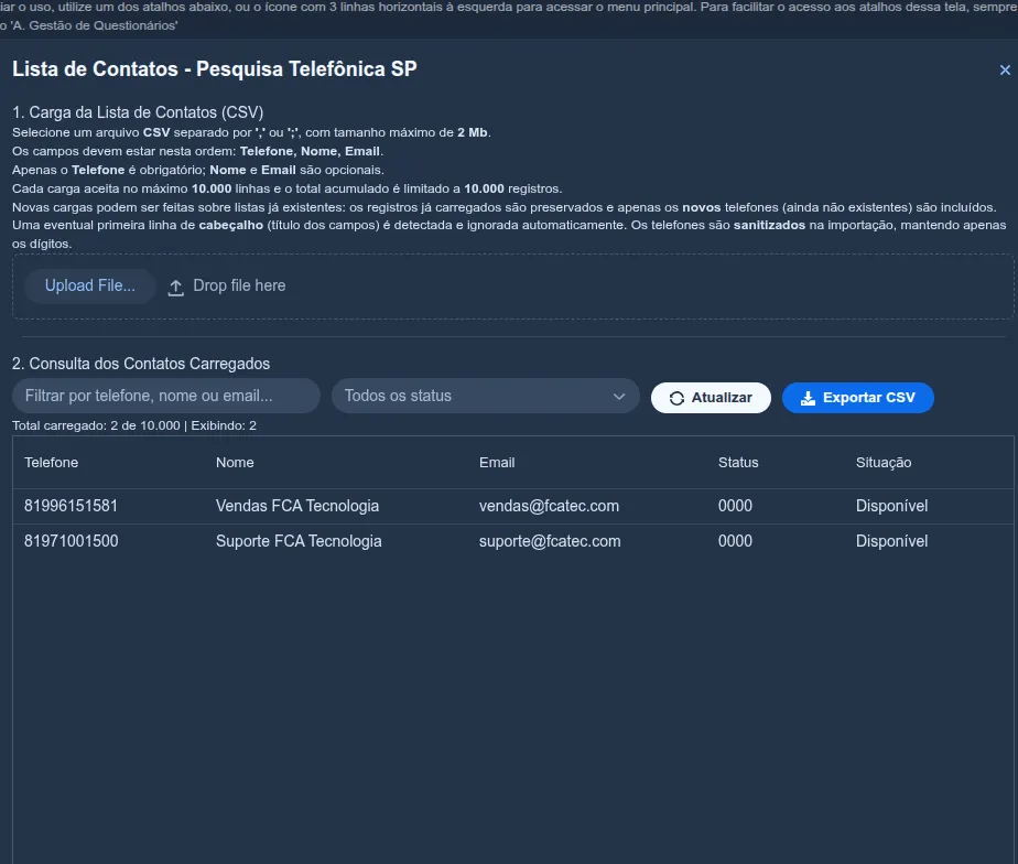 Tela "Lista de Contatos – Pesquisa Telefônica SP" com upload de CSV e a tabela de contatos carregados