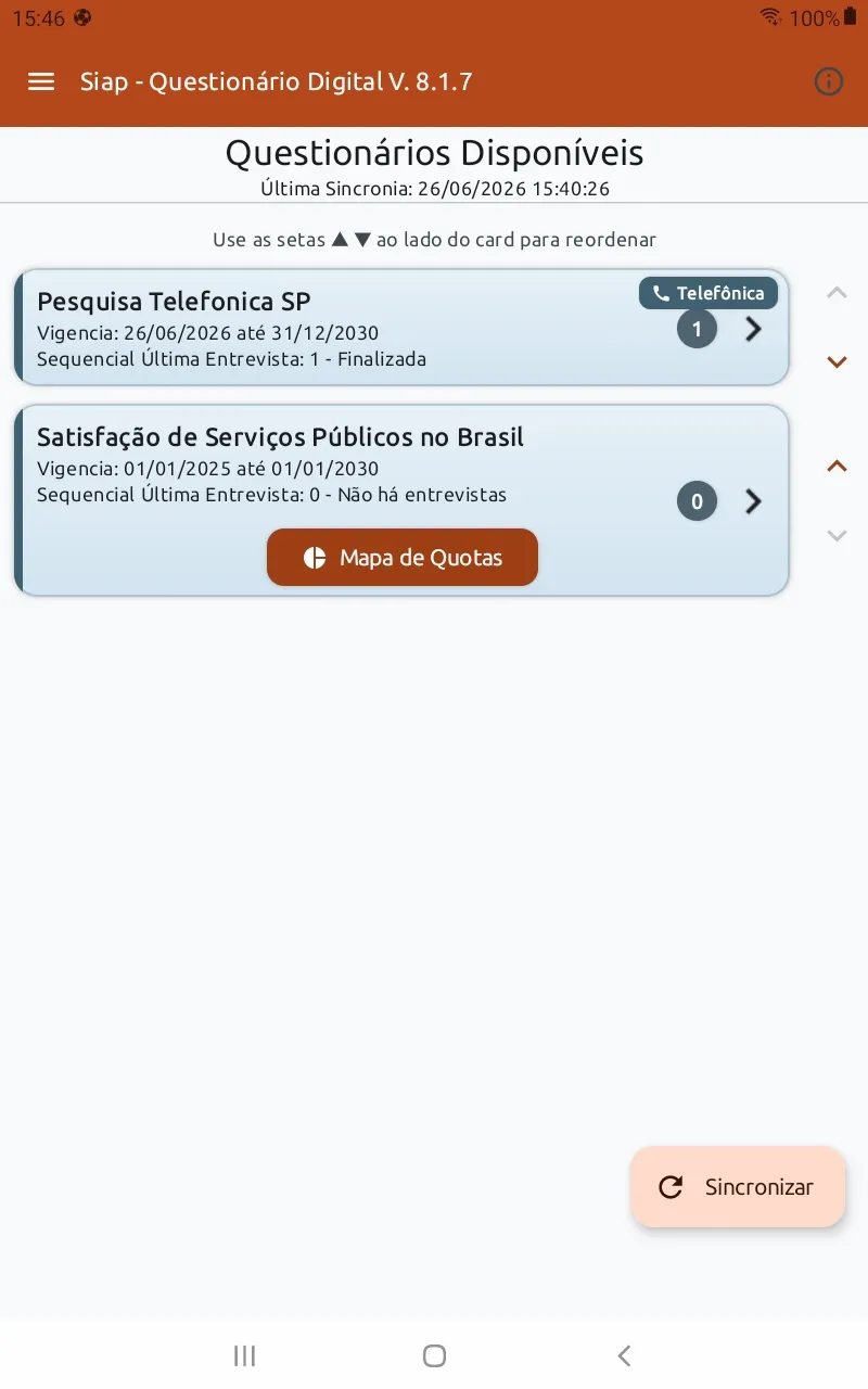 Lista de questionários no App Siap com o card "Pesquisa Telefonica SP" e o selo "Telefônica"