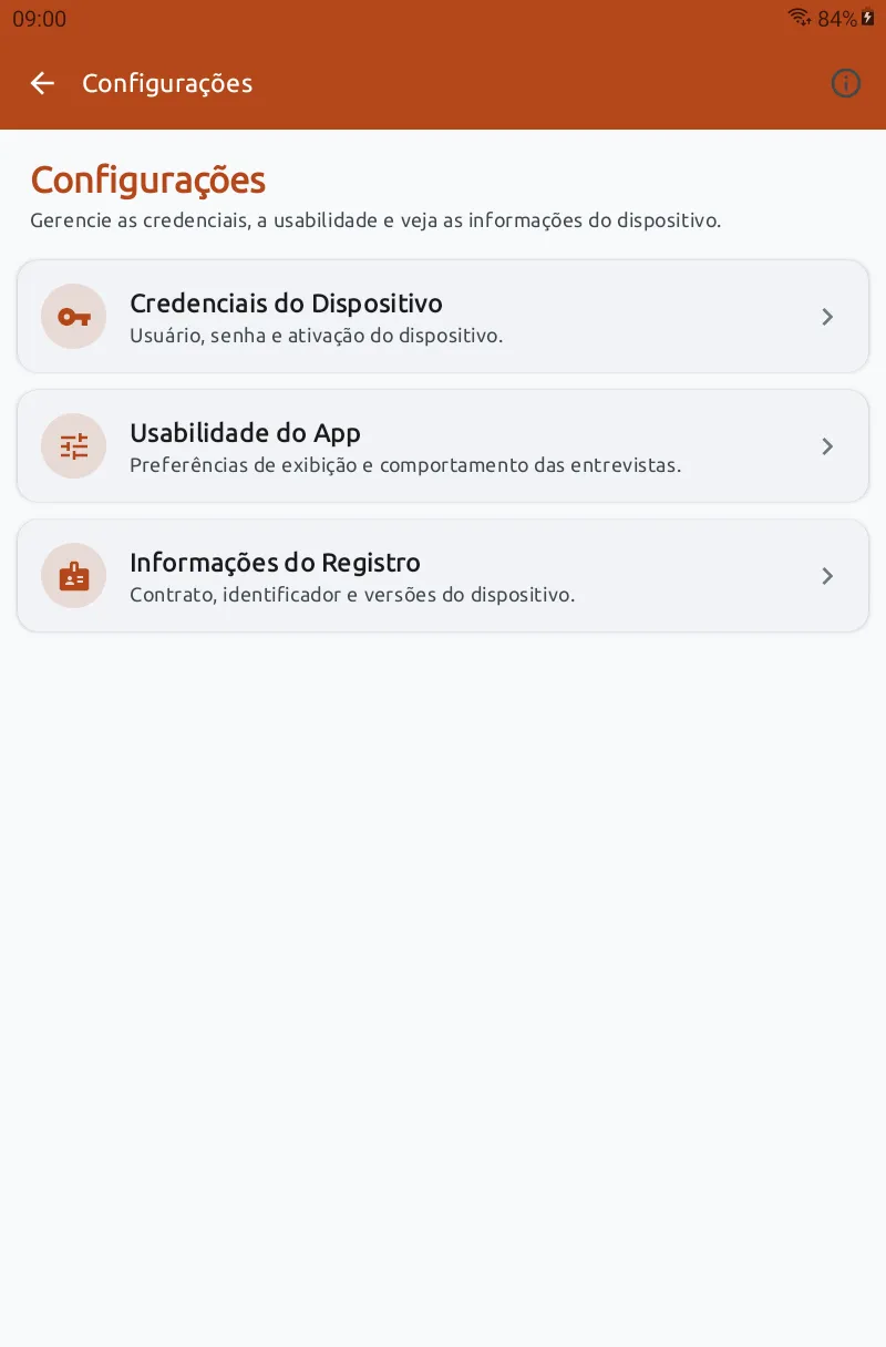 Tela de Configurações do Siap 8, com a opção Credenciais do Dispositivo