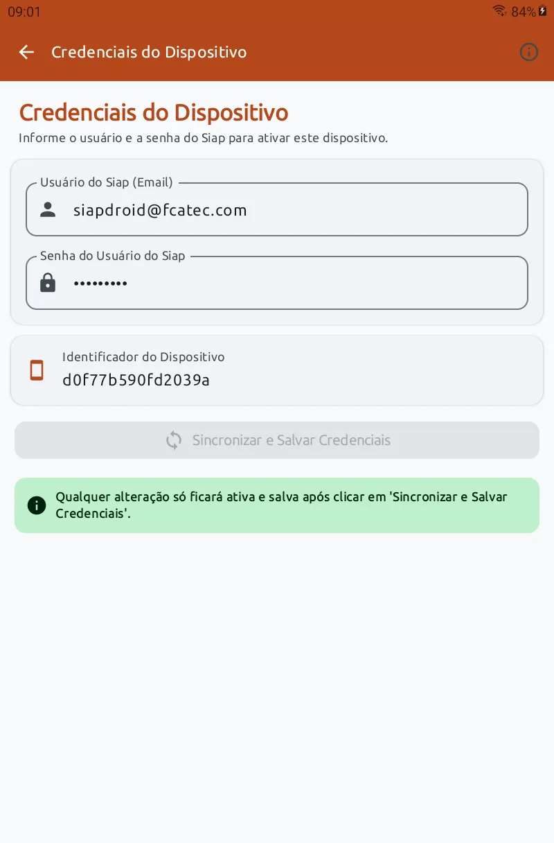 Tela Credenciais do Dispositivo do Siap 8, com campos de usuário, senha e identificador do dispositivo