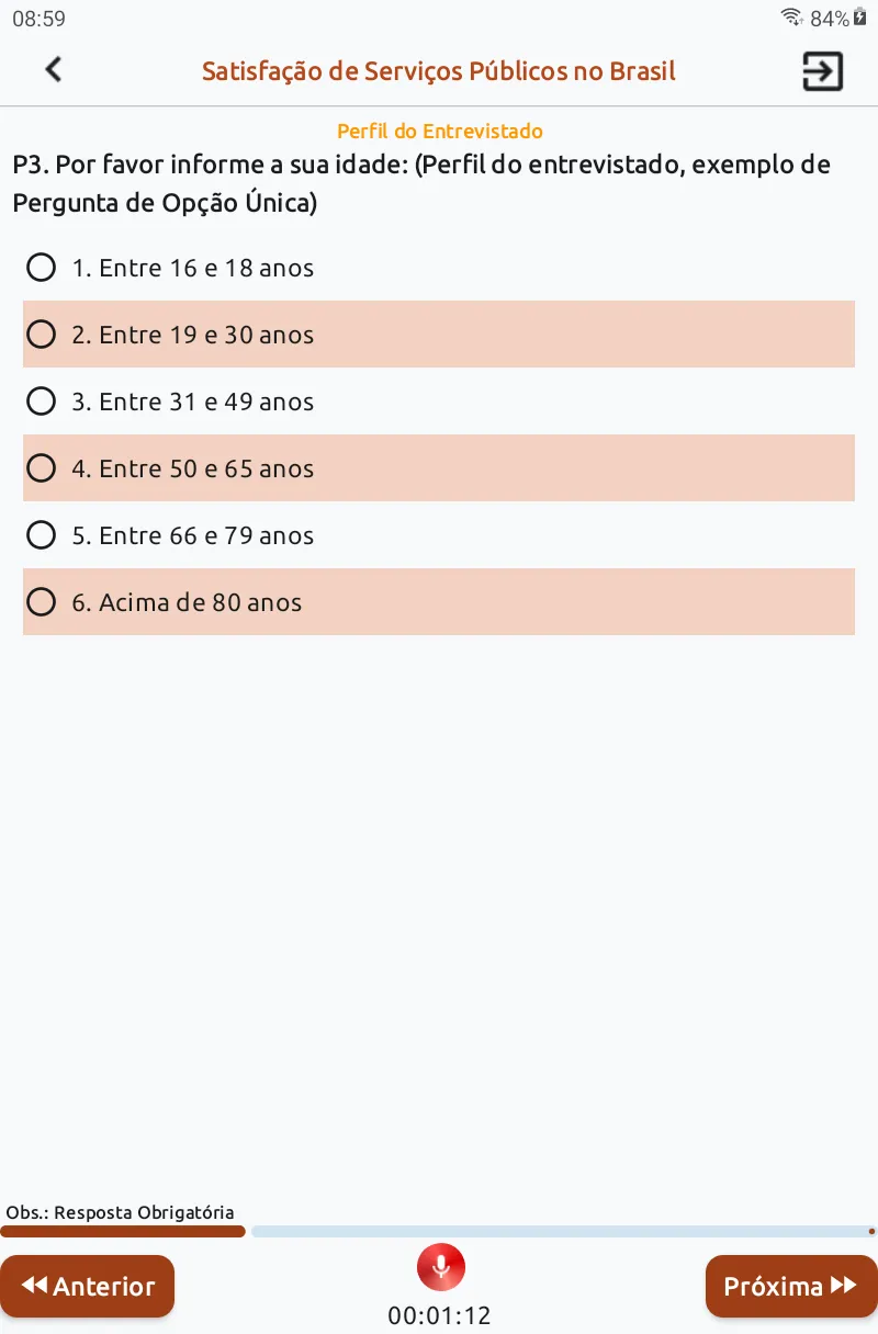 Entrevista no Siap 8: pergunta de opção única sobre a faixa de idade do entrevistado