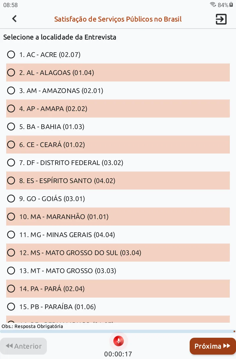 Entrevista no Siap 8: pergunta de seleção da localidade, com gravação de áudio em andamento