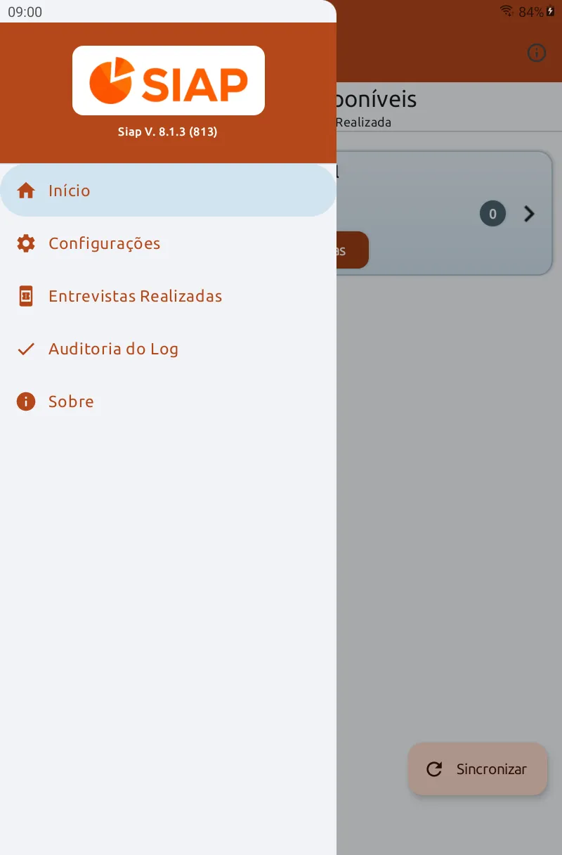 Menu lateral do App Siap 8 com a opção Configurações