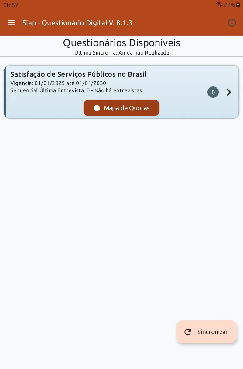 Tela principal do App Siap 8 com a lista de questionários disponíveis