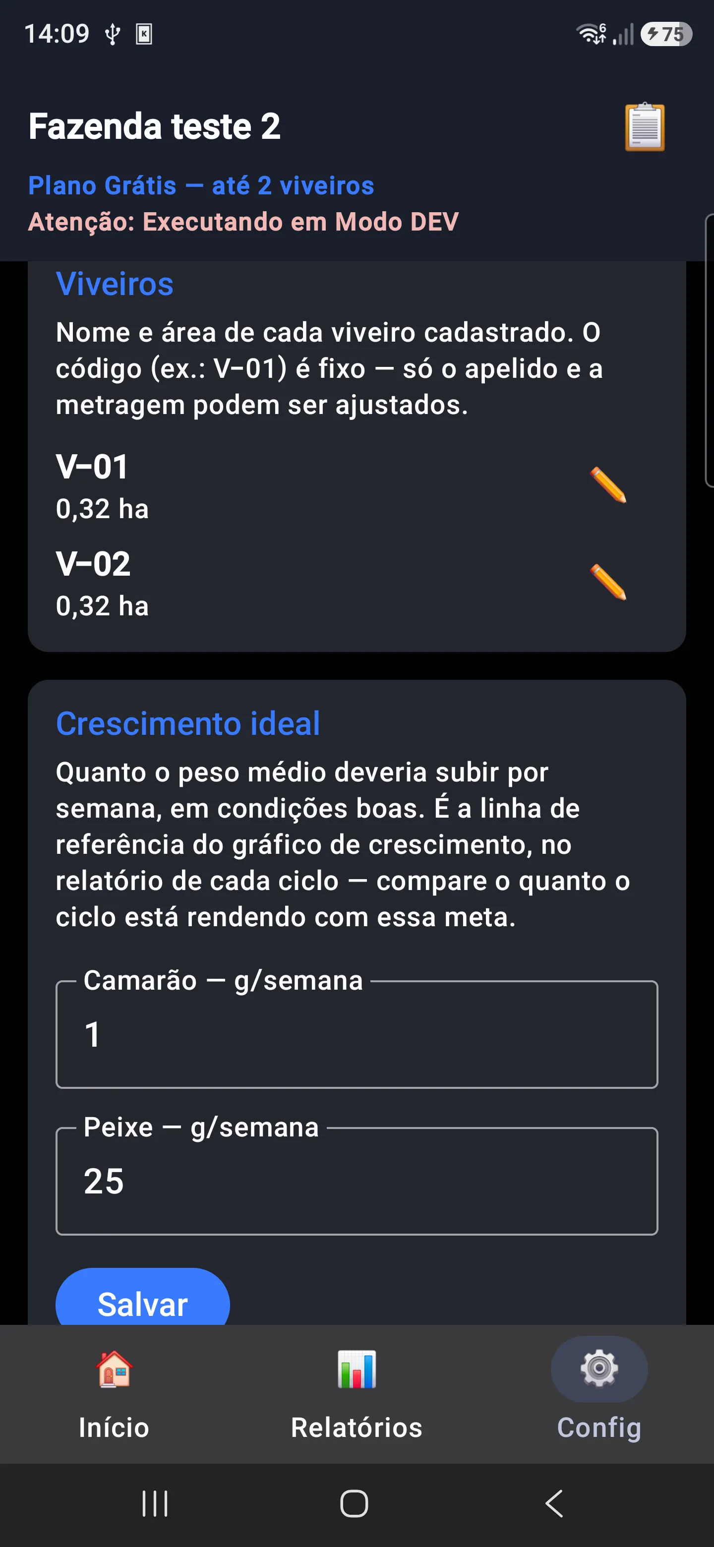 Tela de Configurações do ViveiroTech, seção “Crescimento ideal”: explicação de que é a linha de referência do gráfico de crescimento, os campos “Camarão — g/semana” (1) e “Peixe — g/semana” (25), e o botão Salvar