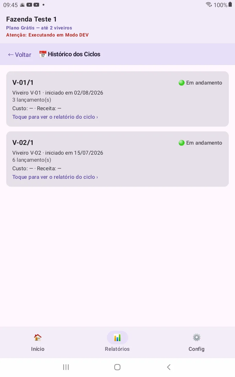 Tela “Histórico dos Ciclos” do ViveiroTech, listando V-01/1 e V-02/1, ambos “Em andamento”, com viveiro, data de início e número de lançamentos, e o link “Toque para ver o relatório do ciclo” em cada um