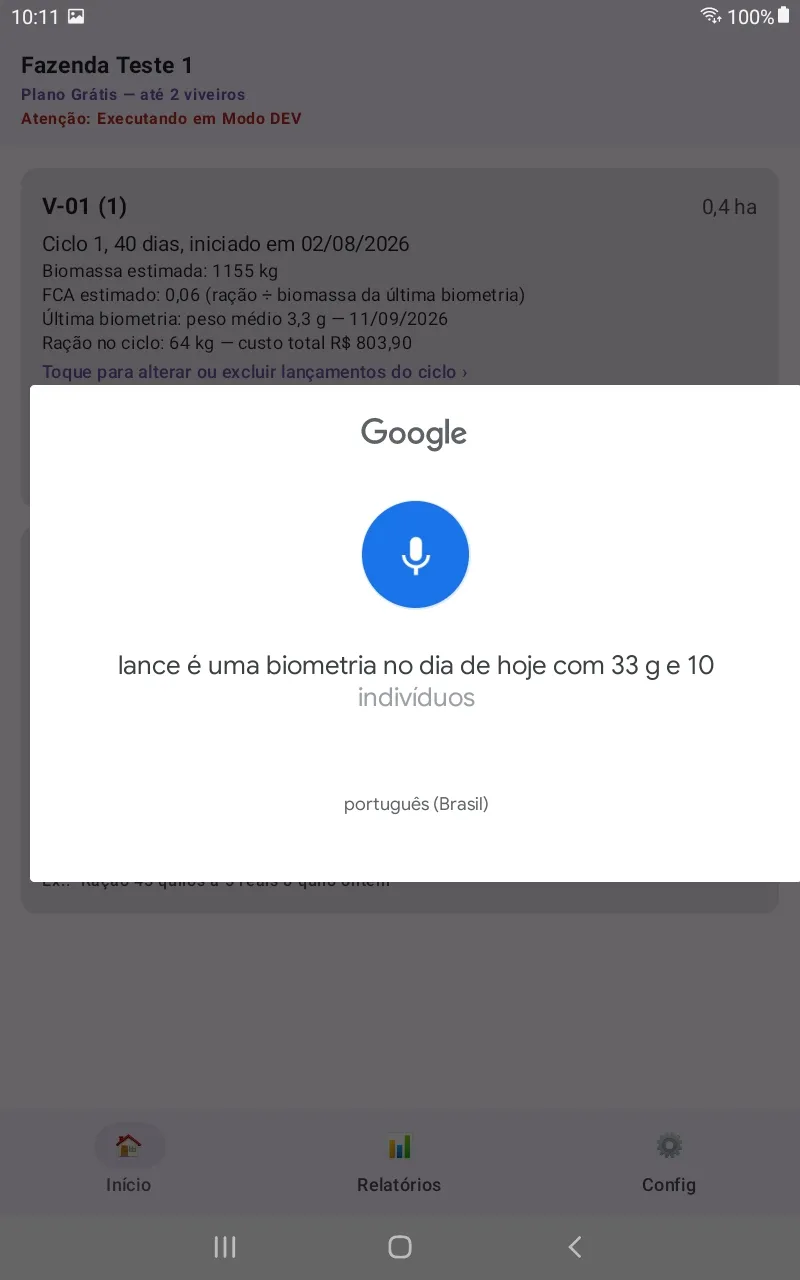 Reconhecimento de voz do Android sobreposto à tela do ViveiroTech, transcrevendo “lance é uma biometria no dia de hoje com 33 g e 10 indivíduos”