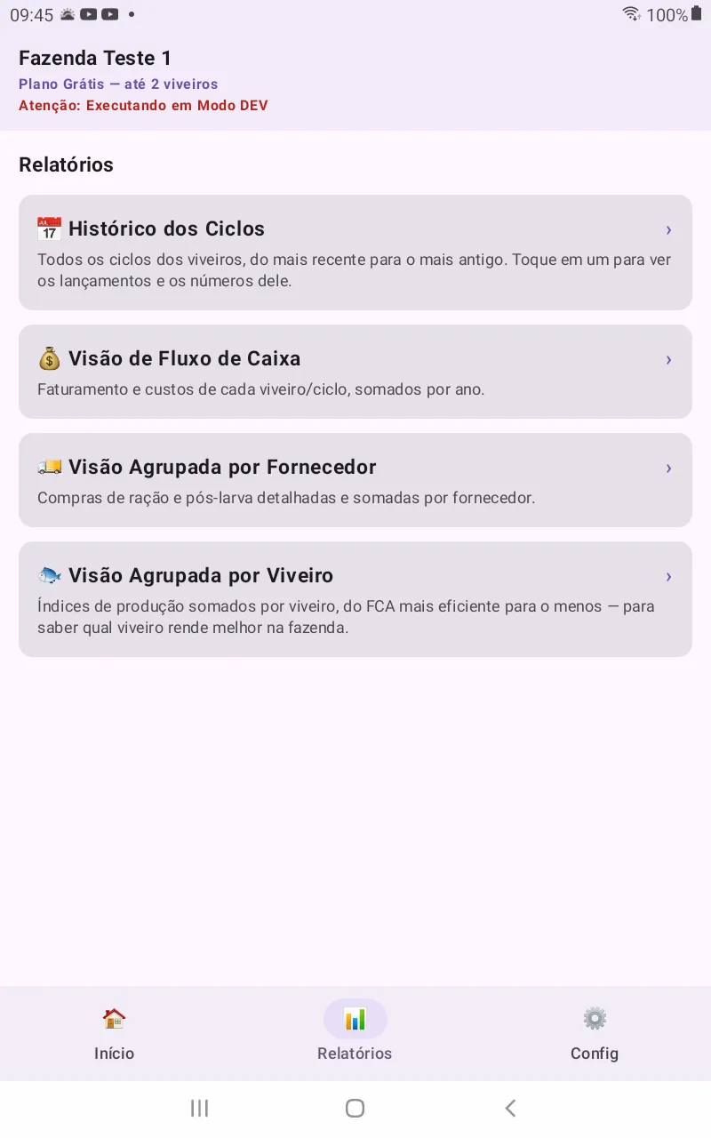 Tela “Relatórios” do ViveiroTech com quatro opções: 📅 Histórico dos Ciclos, 💰 Visão de Fluxo de Caixa, 🚚 Visão Agrupada por Fornecedor e 🐟 Visão Agrupada por Viveiro